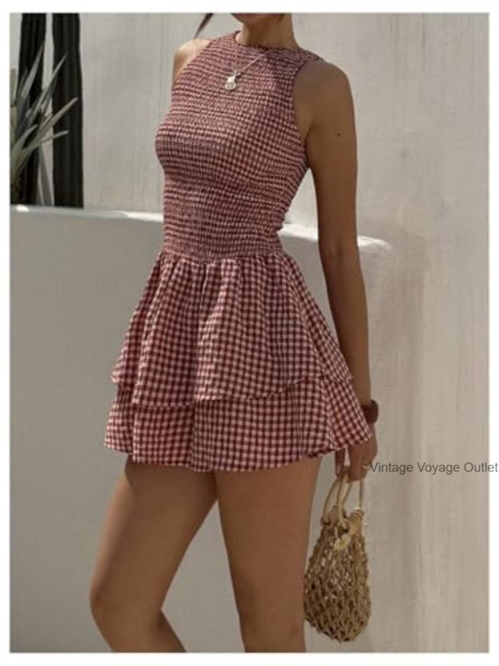 Gingham Mini Dress Sleeveless Ruffle Smocked A-Line Summer Tank Dress View 3